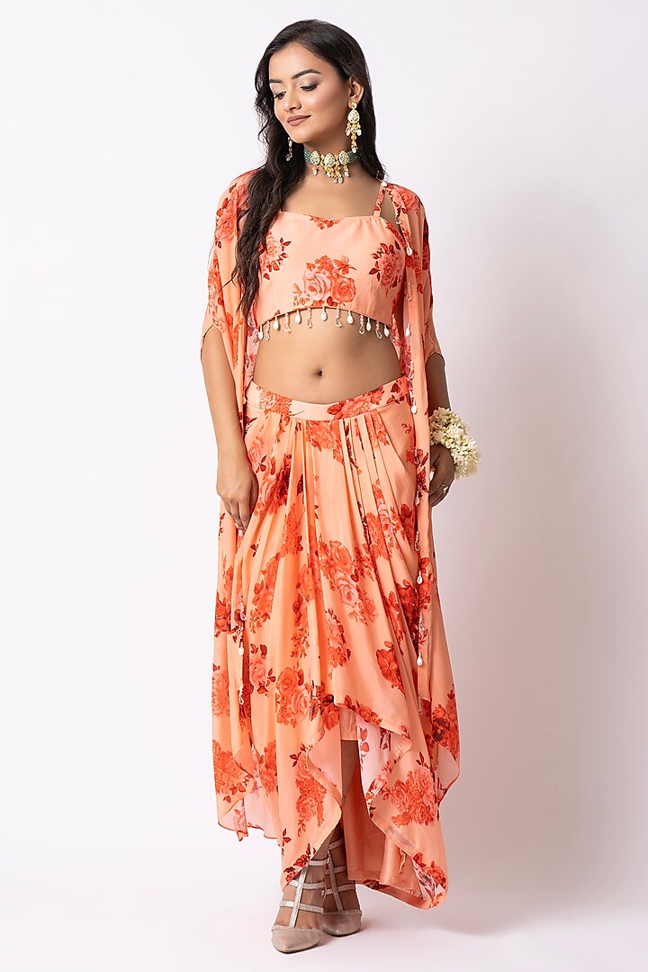 Peach Crepe Printed Draped Skirt Set by Nia By Sonia Ahuja at Pernia's Pop Up Shop