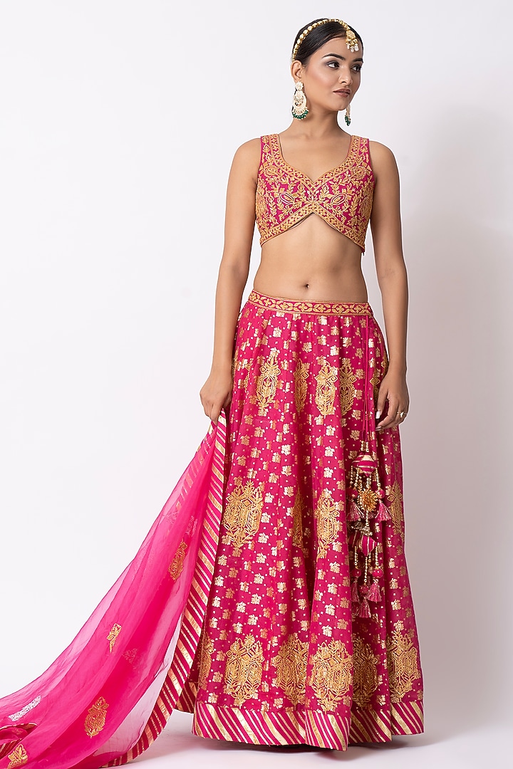 Magenta Pure Banarasi Khadi Gota & Nakshi Embroidered Wedding Lehenga Set by Nia By Sonia Ahuja at Pernia's Pop Up Shop