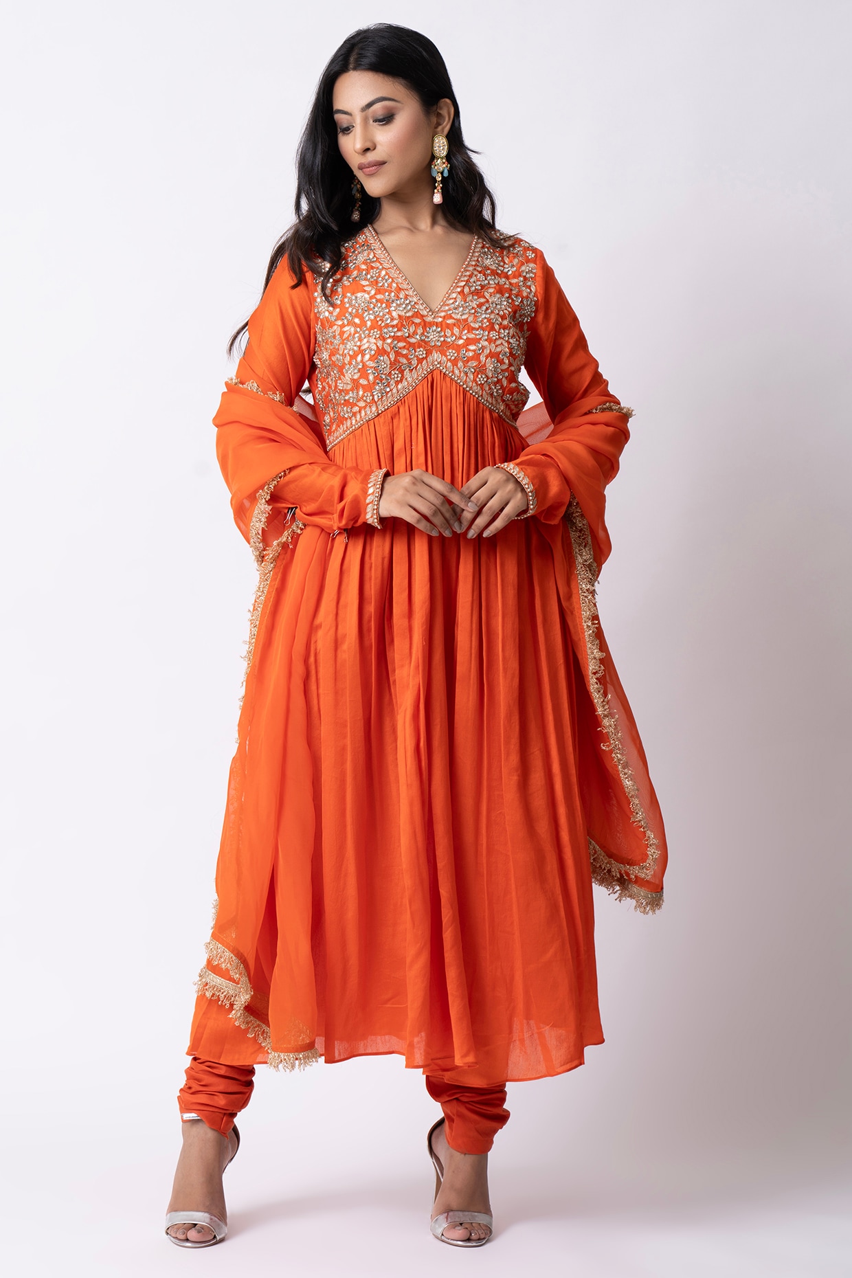 Buy - Bright orange anarkali set | Elan Store