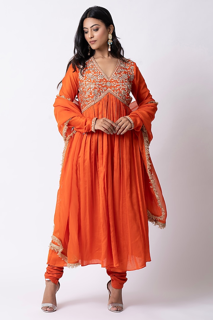 Orange Chanderi Zardosi Embellished Anarkali Set by Nia By Sonia Ahuja