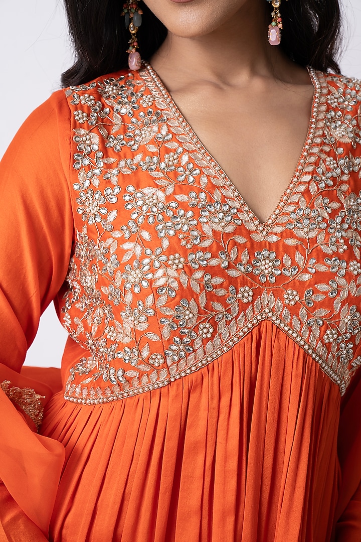 Orange Chanderi Zardosi Embellished Party Wear Anarkali Set by Nia By Sonia Ahuja at Pernia's Pop Up Shop