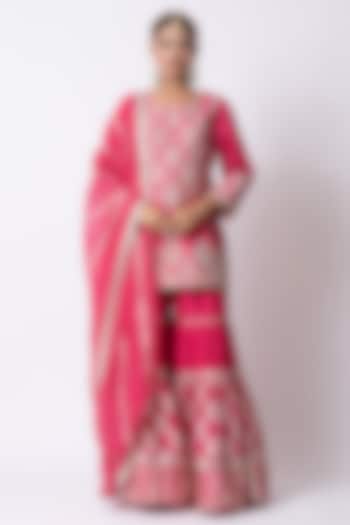 Hot Pink Banarasi Katan Nakshi Gota Embellished Gharara Set by Nia By Sonia Ahuja