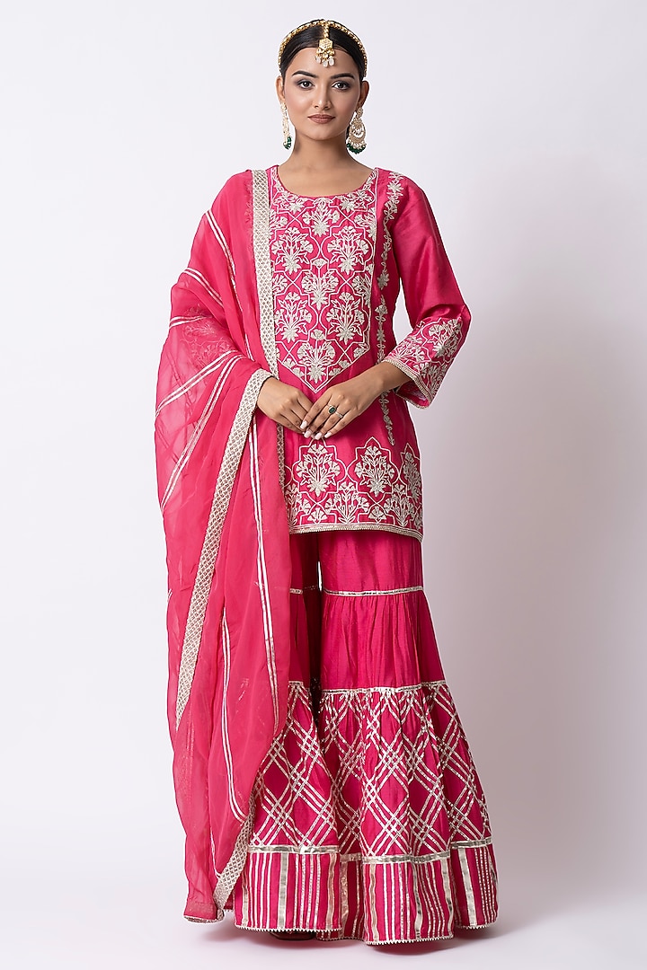Hot Pink Banarasi Katan Nakshi Gota Embellished Gharara Set by Nia By Sonia Ahuja