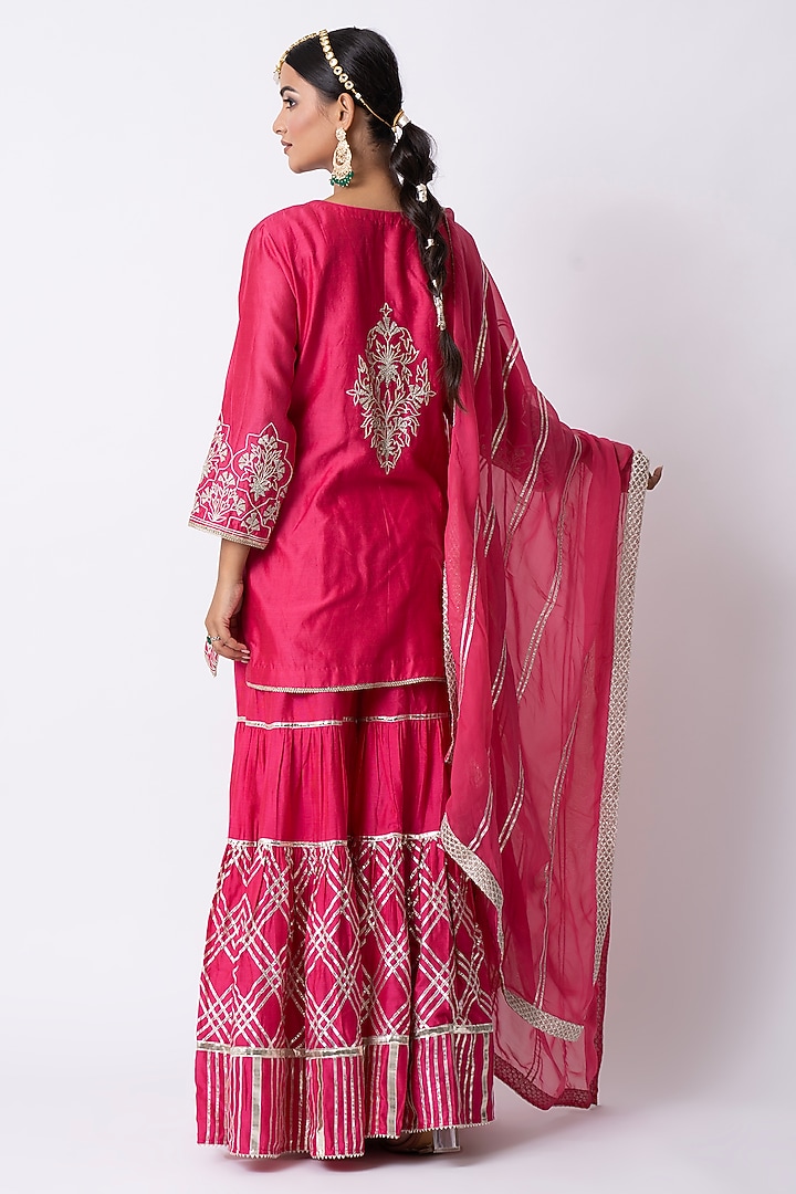 Hot Pink Banarasi Katan Nakshi Gota Embellished Gharara Set by Nia By Sonia Ahuja at Pernia's Pop Up Shop