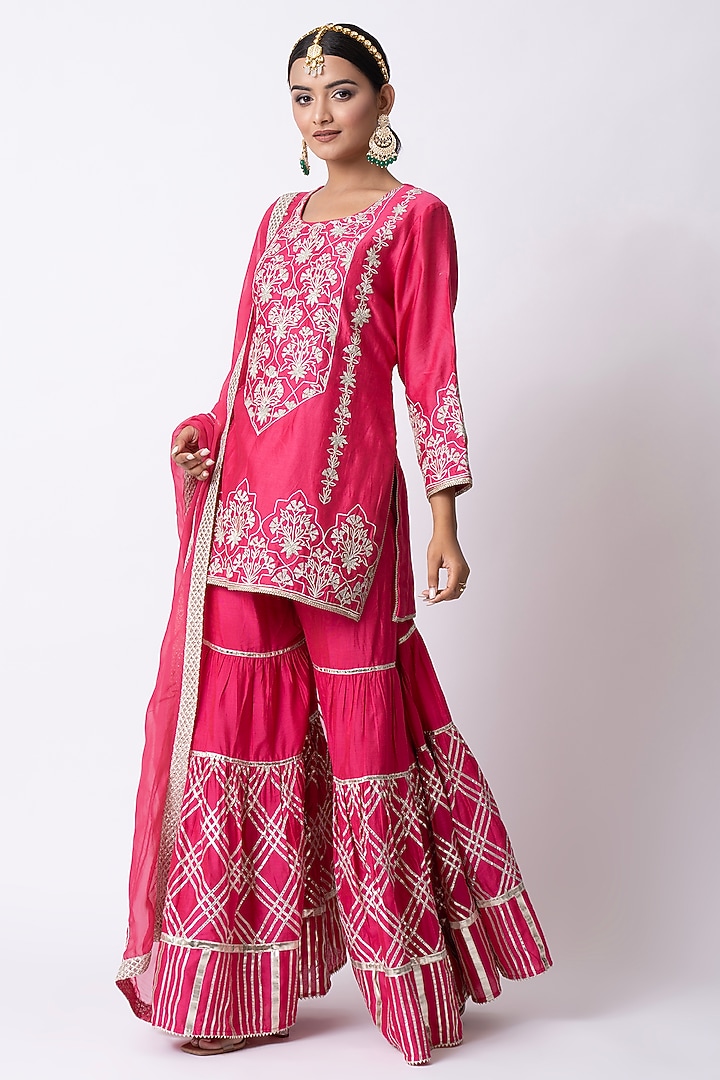 Hot Pink Banarasi Katan Nakshi Gota Embellished Gharara Set by Nia By Sonia Ahuja at Pernia's Pop Up Shop