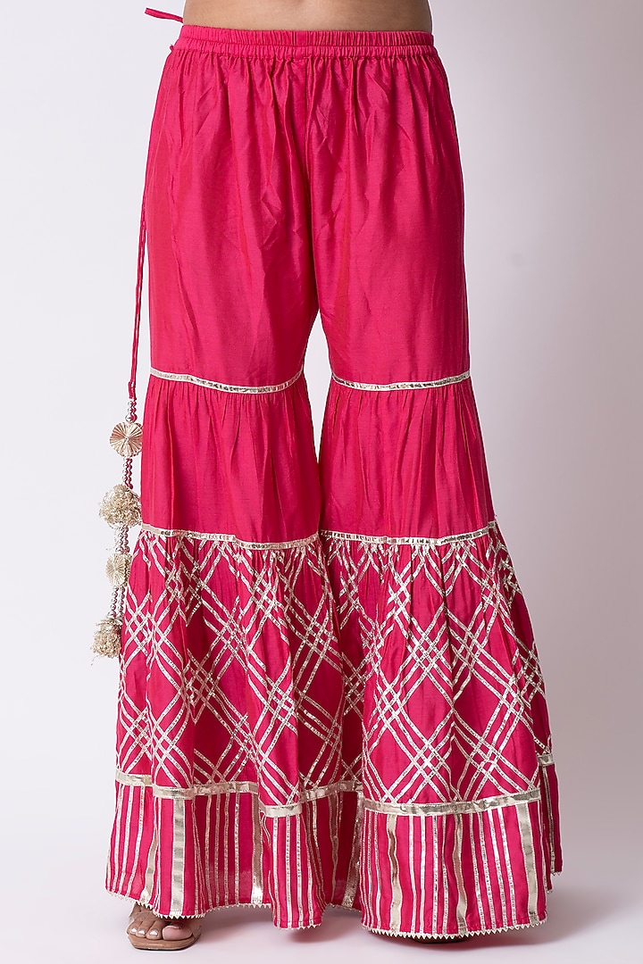 Hot Pink Banarasi Katan Nakshi Gota Embellished Gharara Set by Nia By Sonia Ahuja at Pernia's Pop Up Shop
