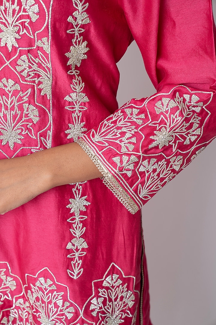 Hot Pink Banarasi Katan Nakshi Gota Embellished Gharara Set by Nia By Sonia Ahuja at Pernia's Pop Up Shop