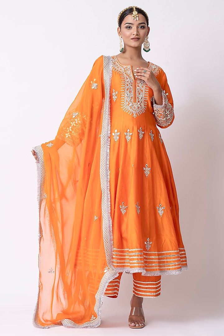 Orange Chanderi & Banarasi Katan Nakshi Gota Embellished Anarkali Set by Nia By Sonia Ahuja