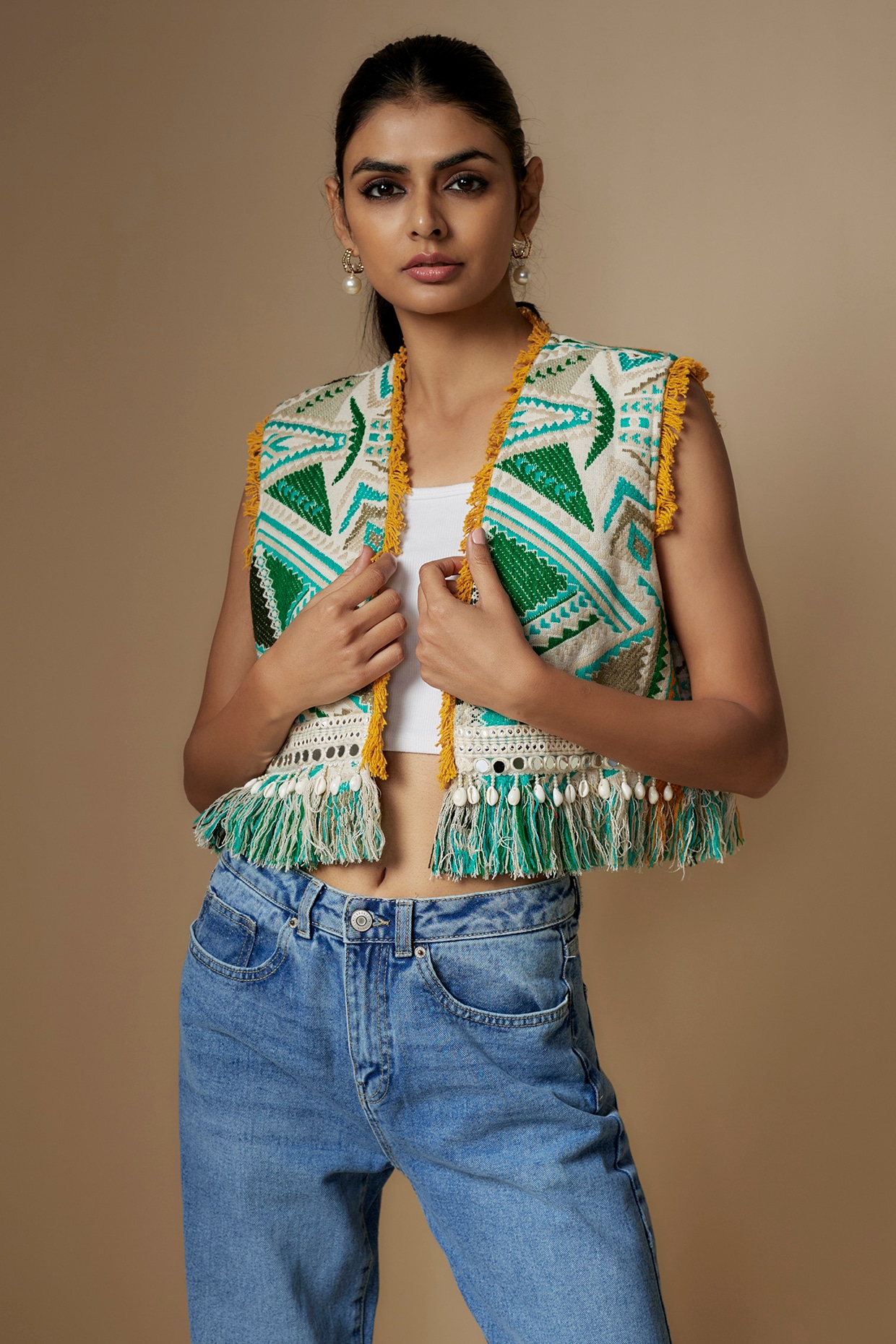 Green Woven Jacquard Aztec Printed Jacket by Nipa Badiani at