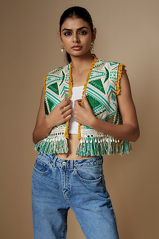 Green Woven Jacquard Aztec Printed Jacket by Nipa Badiani