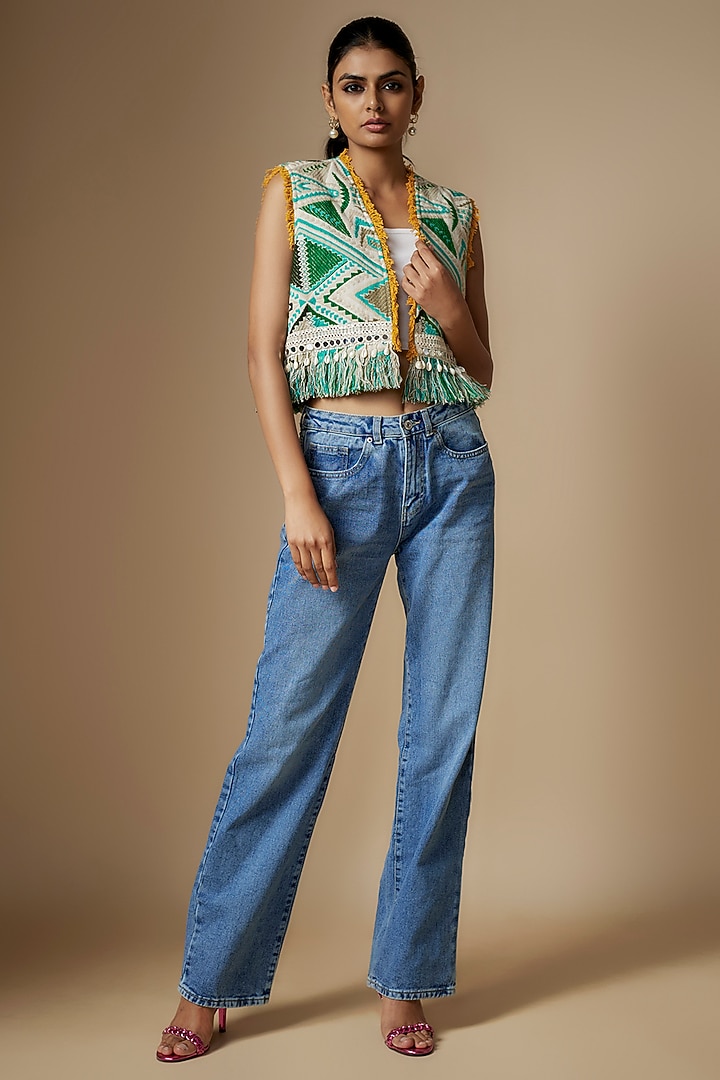 Green Woven Jacquard Aztec Printed Jacket by Nipa Badiani at Pernia's Pop Up Shop
