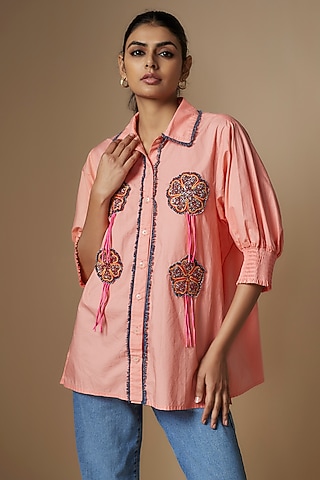 Peach Pure Cotton Smocked Shirt by Nipa Badiani