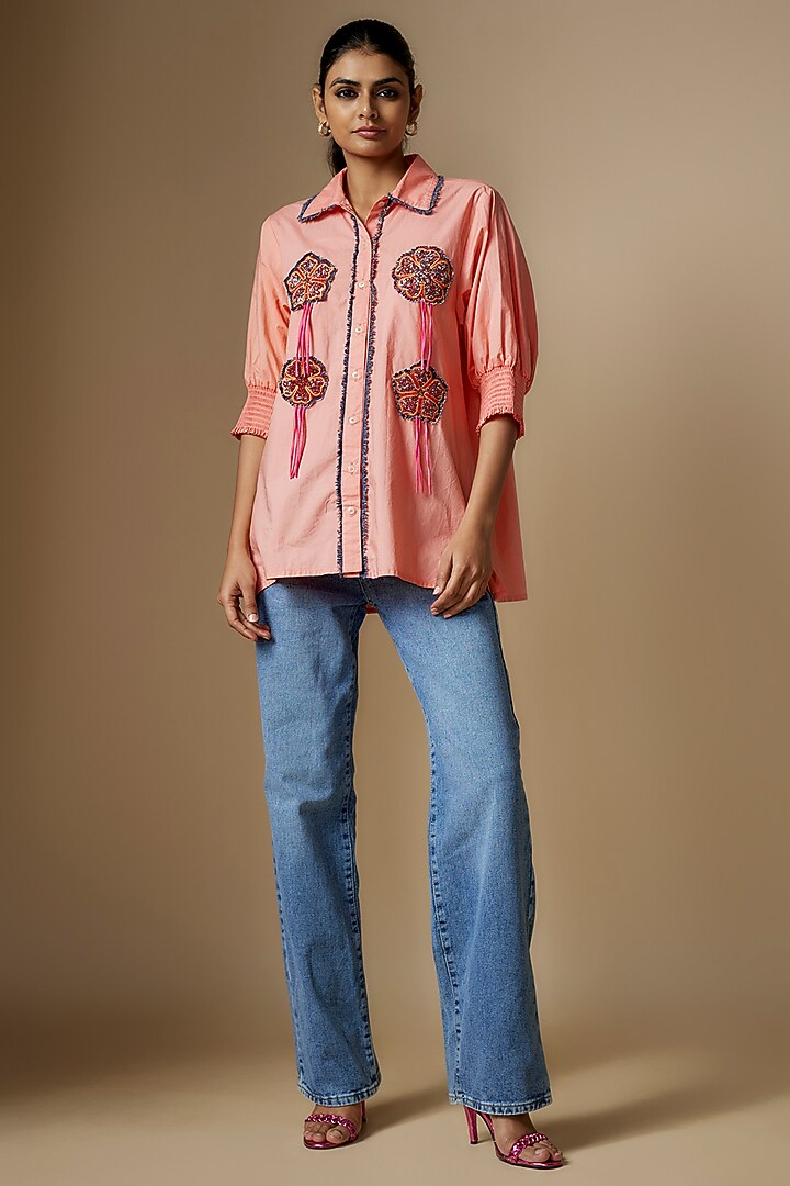 Peach Pure Cotton Smocked Shirt by Nipa Badiani at Pernia's Pop Up Shop