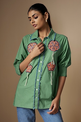 Green Pure Cotton Smocked Shirt by Nipa Badiani