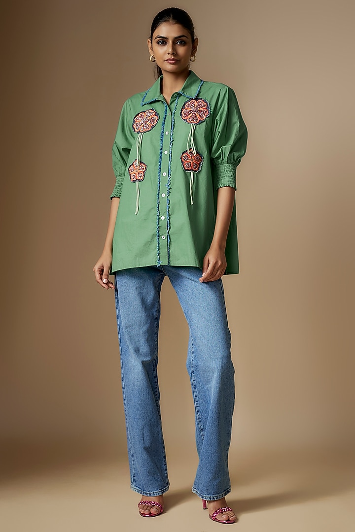 Green Pure Cotton Smocked Shirt by Nipa Badiani at Pernia's Pop Up Shop