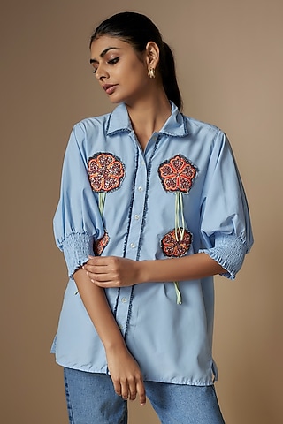 Blue Pure Cotton Smocked Shirt by Nipa Badiani