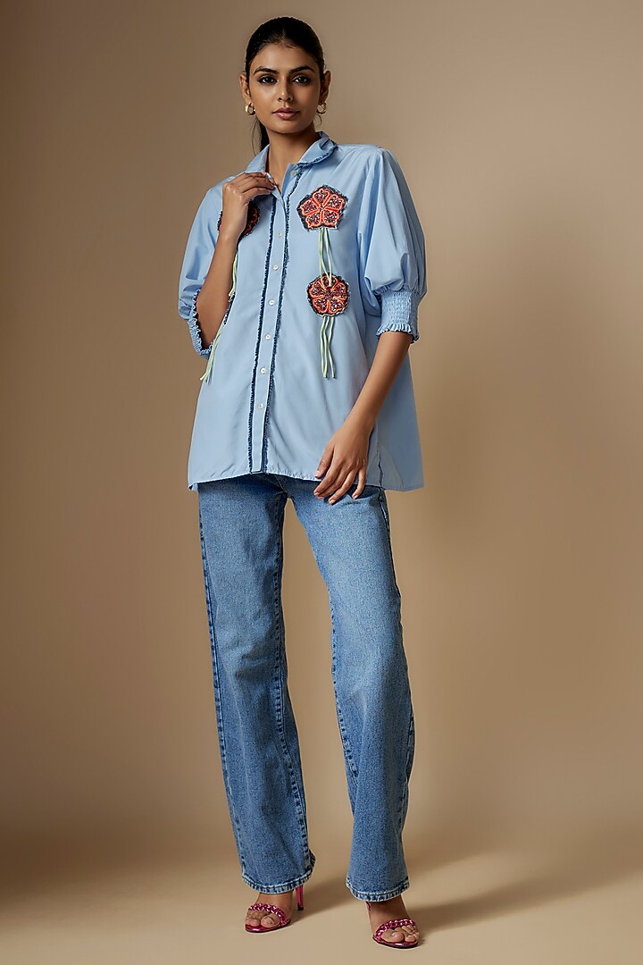 Blue Pure Cotton Smocked Shirt by Nipa Badiani at Pernia's Pop Up Shop