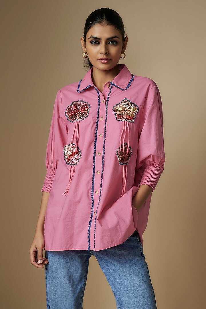 Pink Pure Cotton Smocked Shirt by Nipa Badiani