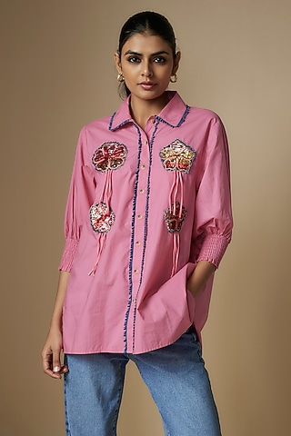 Pink Pure Cotton Smocked Shirt by Nipa Badiani