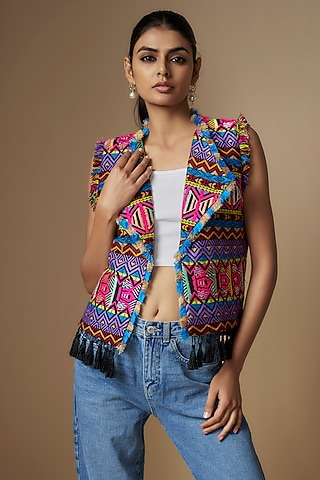 Black Woven Jacquard Aztec Printed Jacket by Nipa Badiani