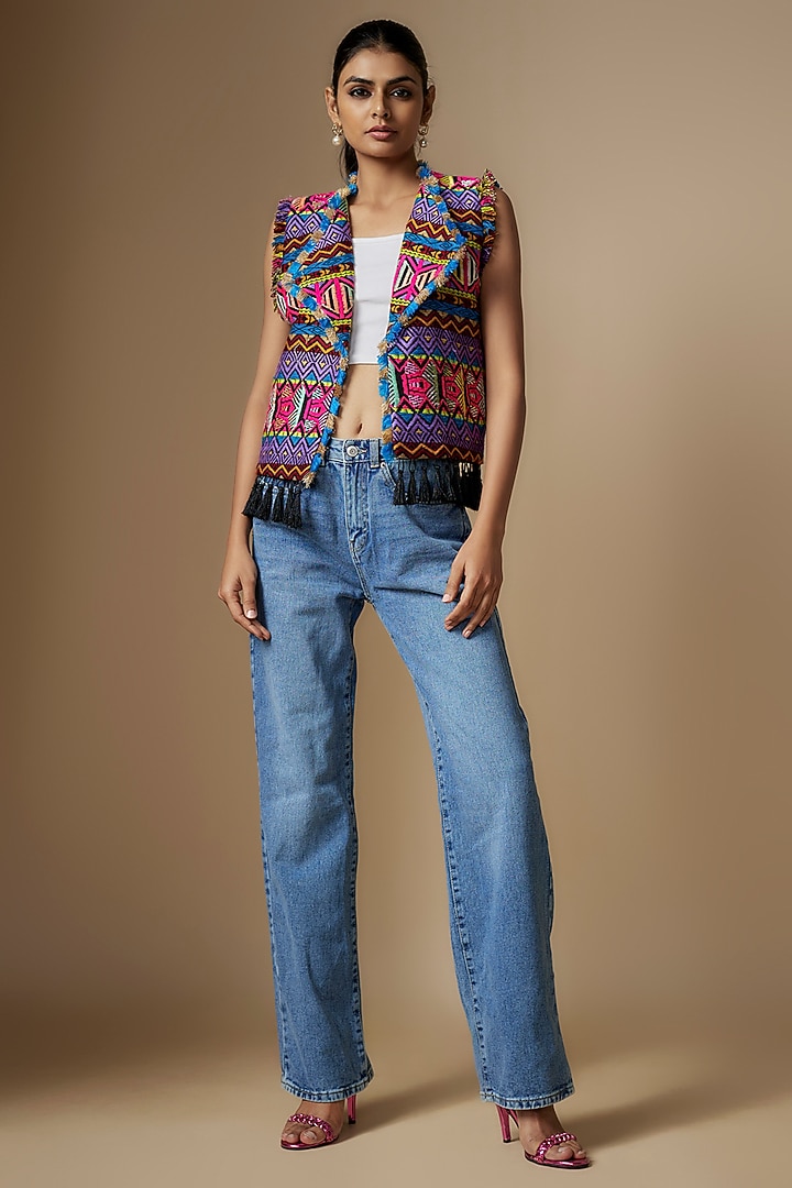 Black Woven Jacquard Aztec Printed Jacket by Nipa Badiani at Pernia's Pop Up Shop