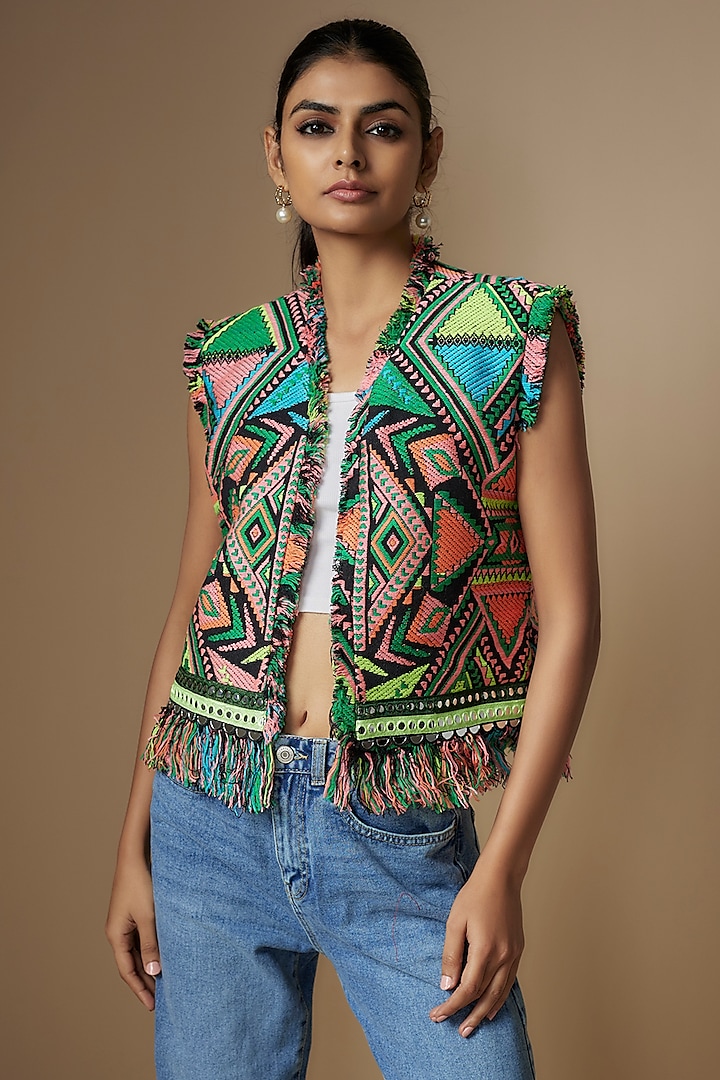 Multi-Colored Woven Jacquard Aztec Printed Jacket by Nipa Badiani