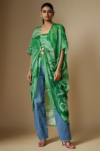 Green Viscose Organza Digital Printed Cape by Nipa Badiani