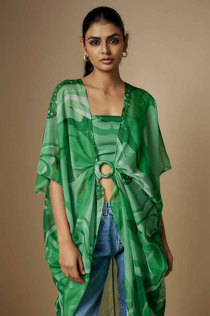 Green Viscose Organza Digital Printed Cape by Nipa Badiani at Pernia's Pop Up Shop