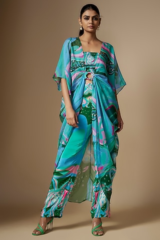 Multi-Colored Viscose Organza Digital Printed Ring Cape Set by Nipa Badiani