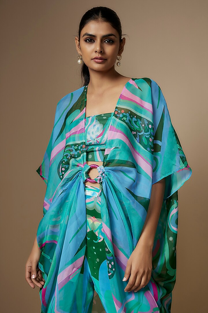 Multi-Colored Viscose Organza Digital Printed Ring Cape Set by Nipa Badiani at Pernia's Pop Up Shop