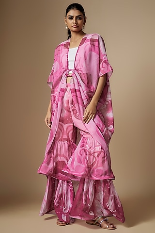 Pink Viscose Organza Digital Printed Layered Sharara Set by Nipa Badiani