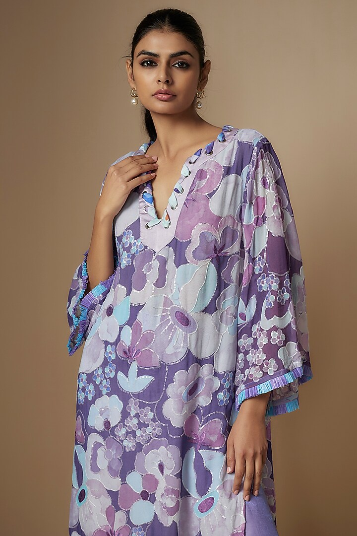 Blue Georgette Digital Printed Tunic Set by Nipa Badiani at Pernia's Pop Up Shop