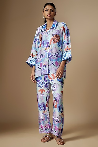 Blue Viscose Digital Printed Co-Ord Set by Nipa Badiani
