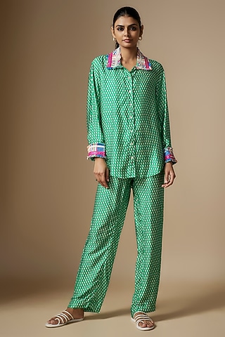 Green Modal Satin Digital Printed Co-Ord Set by Nipa Badiani