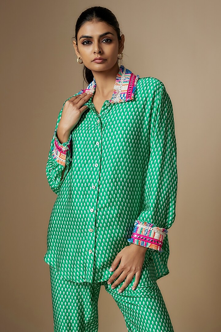 Green Modal Satin Digital Printed Co-Ord Set by Nipa Badiani at Pernia's Pop Up Shop