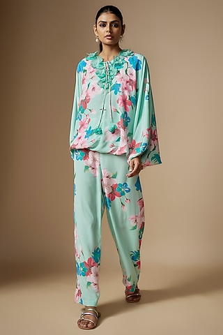 Green Poly Satin Floral Digital Printed Co-Ord Set by Nipa Badiani