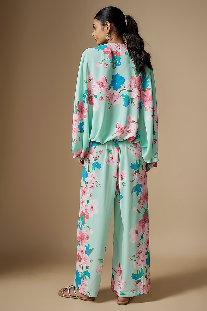 Green Poly Satin Floral Digital Printed Co-Ord Set by Nipa Badiani at Pernia's Pop Up Shop