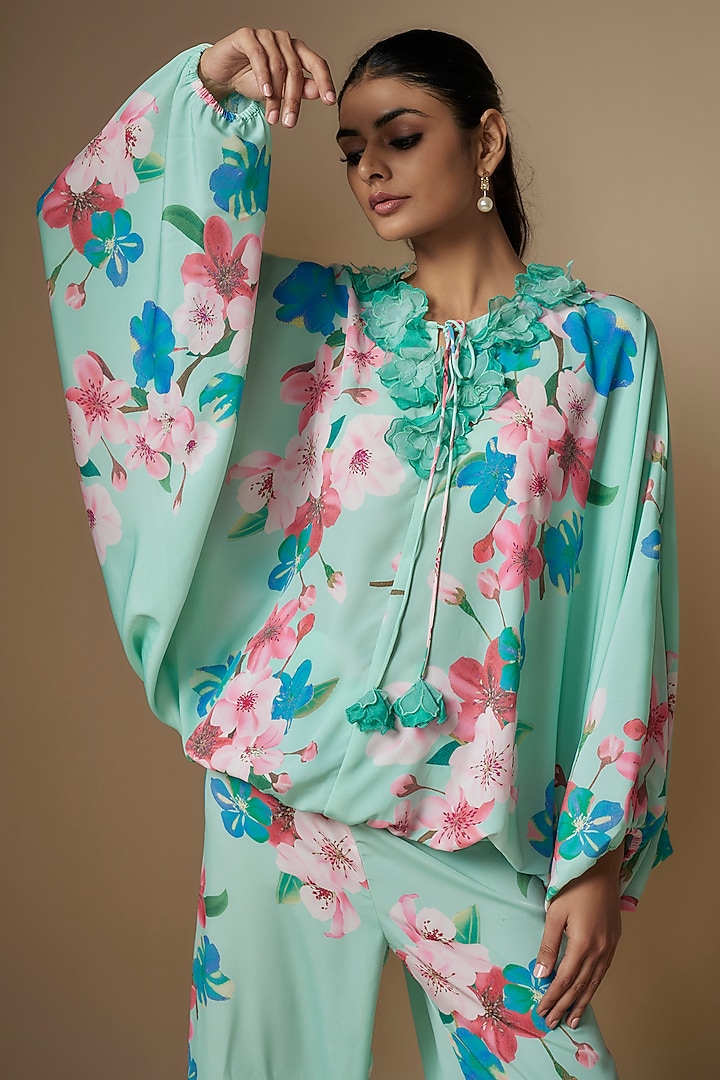 Green Poly Satin Floral Digital Printed Co-Ord Set by Nipa Badiani at Pernia's Pop Up Shop