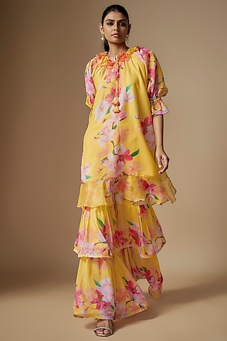 Yellow Poly Organza Floral Digital Printed Sharara Set by Nipa Badiani
