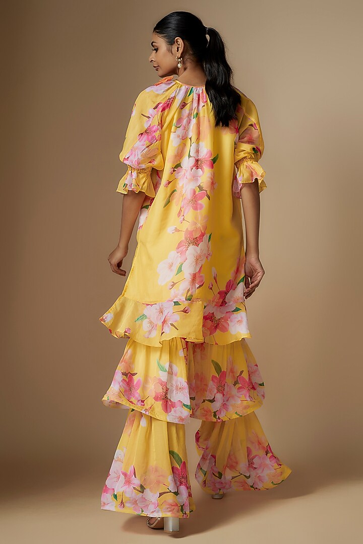 Yellow Poly Organza Floral Digital Printed Party Wear Sharara Set by Nipa Badiani at Pernia's Pop Up Shop