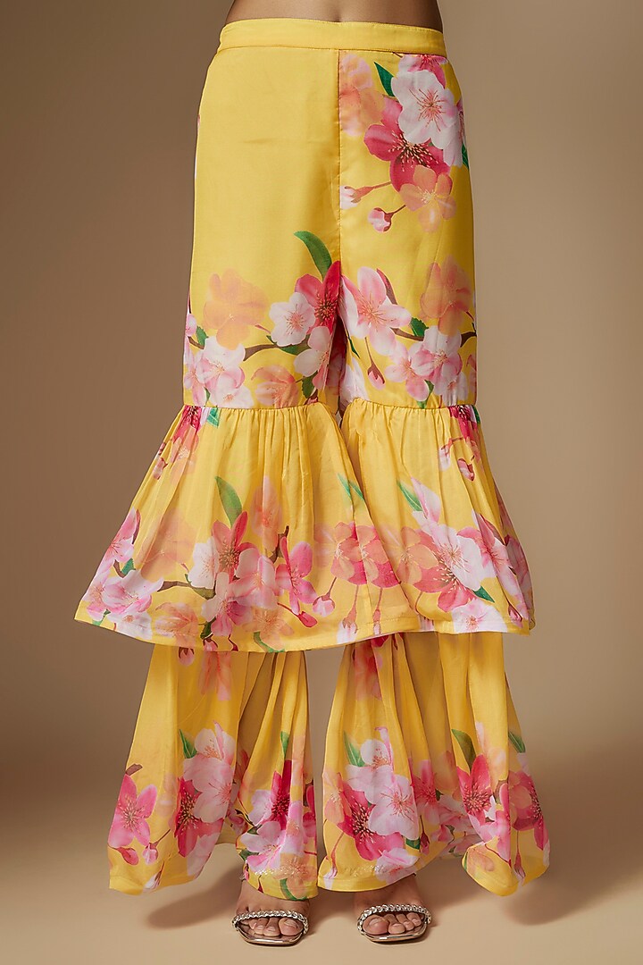 Yellow Poly Organza Floral Digital Printed Party Wear Sharara Set by Nipa Badiani at Pernia's Pop Up Shop