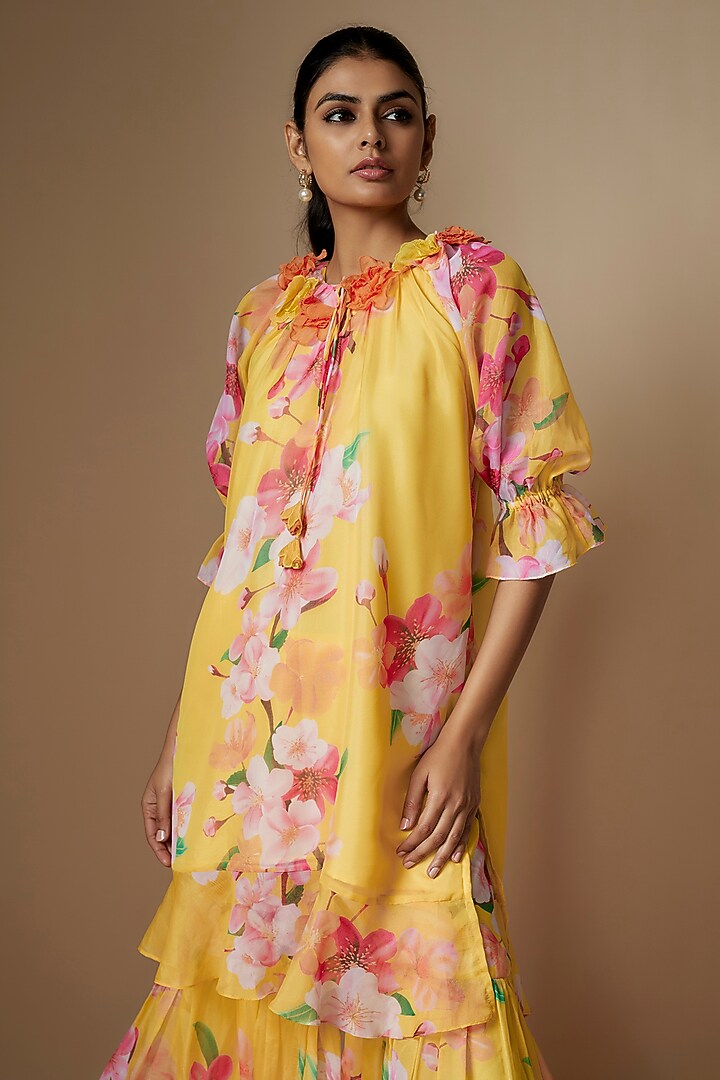 Yellow Poly Organza Floral Digital Printed Party Wear Sharara Set by Nipa Badiani at Pernia's Pop Up Shop