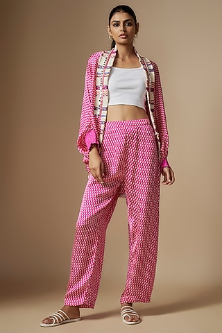 Pink Modal Satin Digital Printed Cape Set by Nipa Badiani