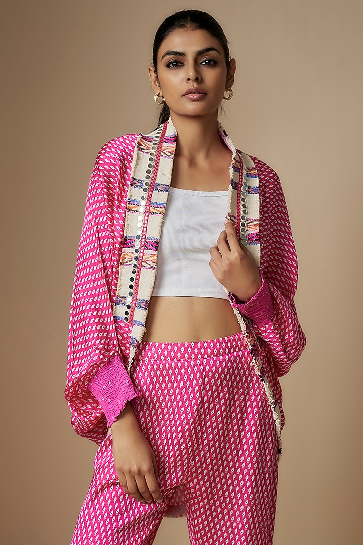 Pink Modal Satin Digital Printed Cape Set by Nipa Badiani at Pernia's Pop Up Shop