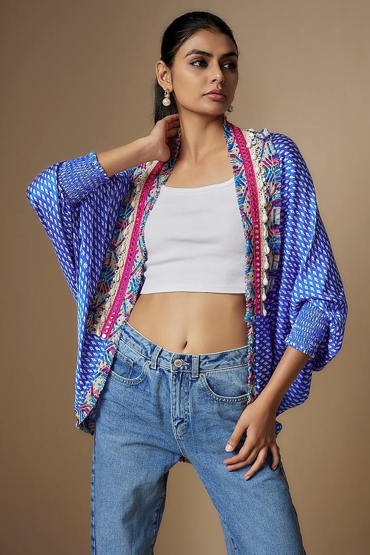 Blue Modal Satin Digital Printed Cape by Nipa Badiani at Pernia's Pop Up Shop