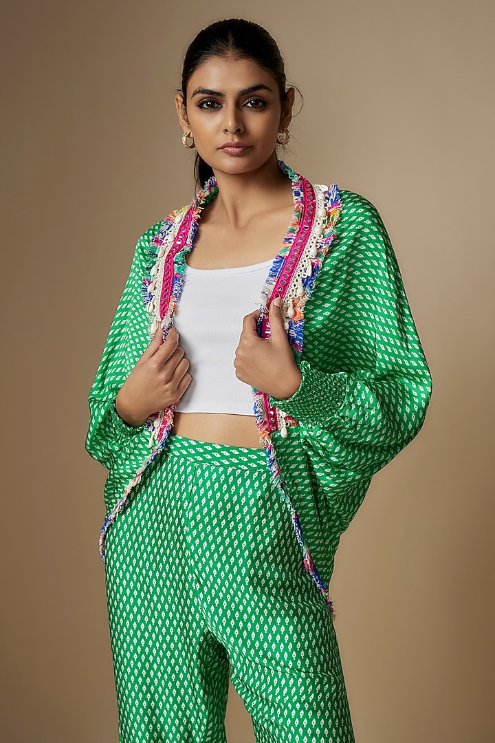 Green Modal Satin Digital Printed Cape Set by Nipa Badiani at Pernia's Pop Up Shop