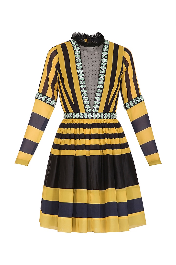 Yellow & Black Embellished Striped Mini Dress With Belt Design by Nitya