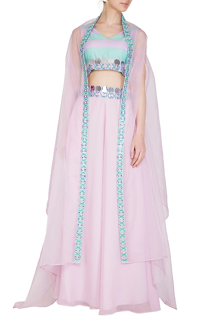 Aquamarine & Lilac Embroidered Party Wear Sharara Set With Cape by Nitya Bajaj at Pernia's Pop Up Shop