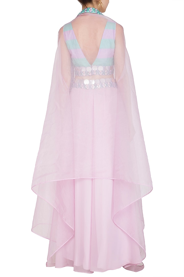 Aquamarine & Lilac Embroidered Party Wear Sharara Set With Cape by Nitya Bajaj at Pernia's Pop Up Shop