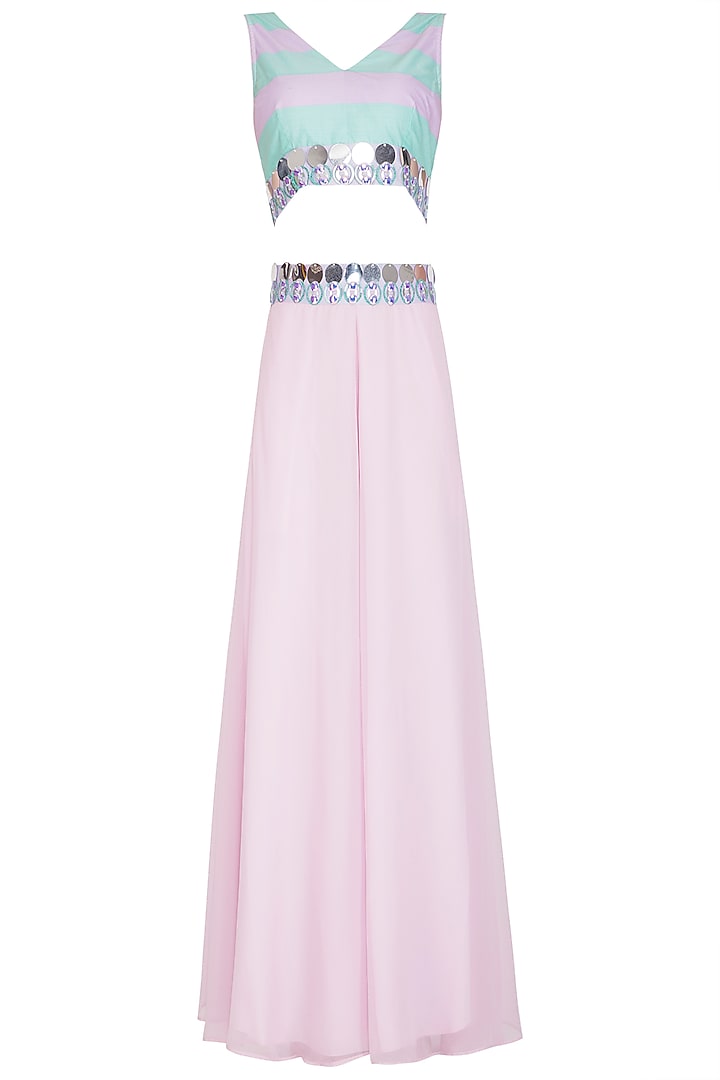 Aquamarine & Lilac Embroidered Party Wear Sharara Set With Cape by Nitya Bajaj at Pernia's Pop Up Shop